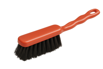 A red-handled cleaning brush with black bristles designed for sweeping dust and debris.