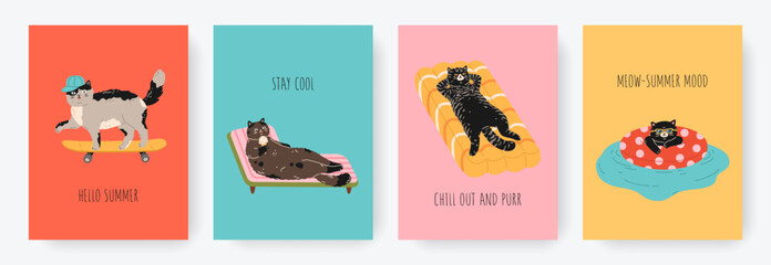 Funny cards or posters set of cute cats on summer vacation. Different cat characters floats in inflatable ring, skateboarding, lies on lounger and air mattress. Hand drawn cartoon illustration