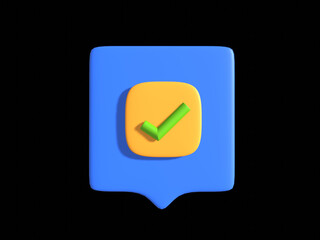 3d check icon, checklist tick, done mark. Vector realistic plastic style checkmark, symbol of selection, confirmation or approval. Green circle with a white tick. Yes button for web design or app