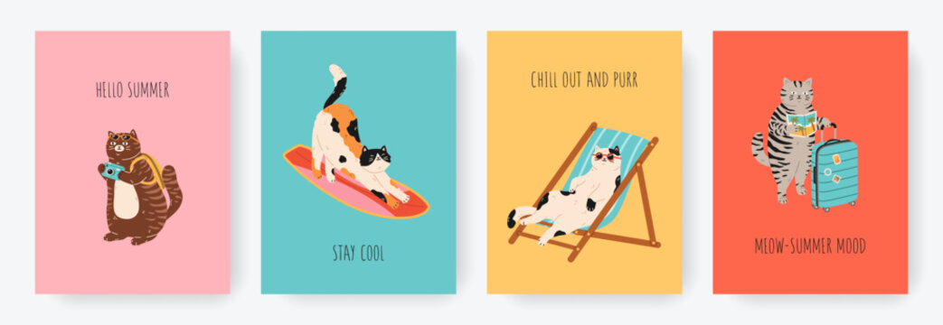 Funny cards or posters set of cute cats on summer vacation. Different cat characters enjoying summer holidays, sitting in chair, surfing, takes pictures, with suitcase. Hand drawn cartoon illustration