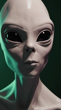 Portrait r&eacute;aliste d&rsquo;un extraterrestre aux grands yeux noirs sur fond vert

