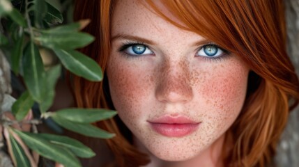 Fototapeta premium Close-up of a young woman with red hair and blue eyes surrounded by green leaves