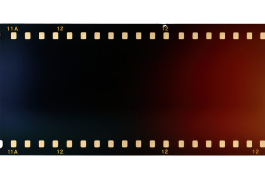 A blank 35mm film strip with visible perforations and subtle color gradients.