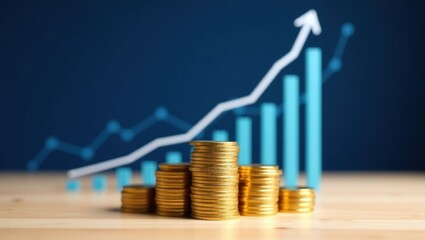 Stacks of gold coins against a growth chart backdrop.