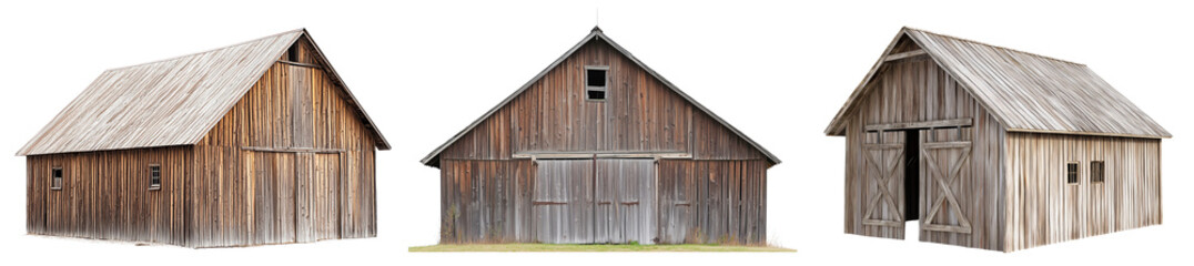 Set of a rustic wooden barn with pitched roof, isolated on a transparent background.