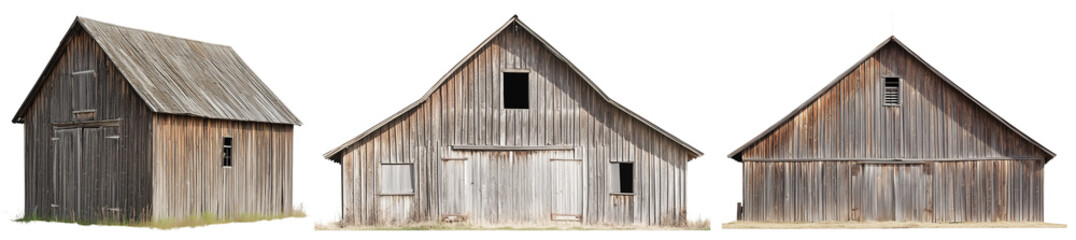 Set of a rustic wooden barn with pitched roof, isolated on a transparent background.