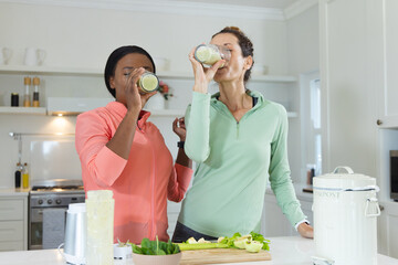 Drinking Diverse female friends sharing post-workout green smoothies at kitchen island with blender
