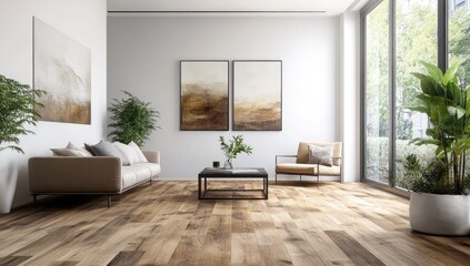 Modern living room with large windows and abstract art