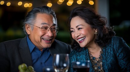 Smiling Asian couple enjoy a shared laugh during a dinner with wine and ambient string lights visible in the background.
