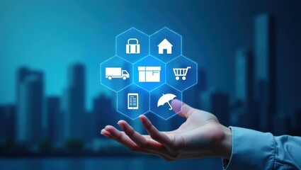 Hand holding a digital interface with various logistics and delivery icons.