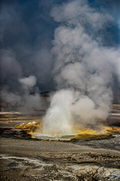 Geysers spew boiling water and steam into the air.