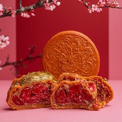 Obraz premium Exquisite mooncake with lotus paste gold leaf and red bean filling set against a crimson backdrop with delicate cherry blossoms