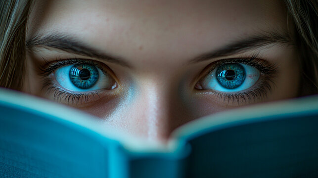Concentrated eyes of a student reading a textbook in a library