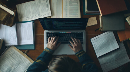 Typing code on a laptop with study materials surrounding the keyboard
