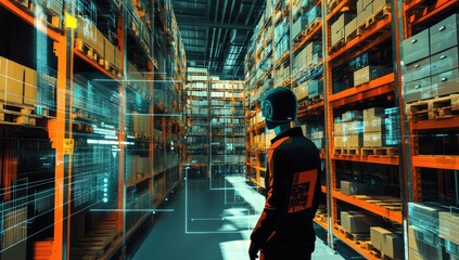 Warehouse worker in a futuristic, automated facility with holographic displays