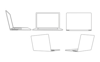 Modern Laptop Vector Illustration – Line Art Style. Minimal Outline Drawing of Laptops – Multiple Angles.
Vector Set of Laptop Sketches – Front, Side, Back Views.