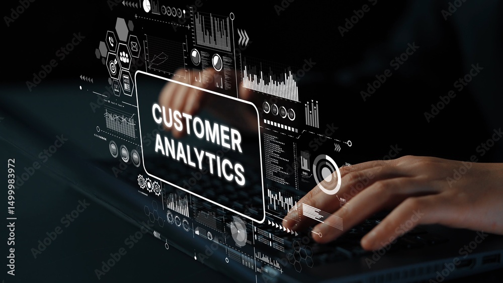 Poster hands typing on laptop with customer analytics displayed on screen, showcasing digital data visualiz
