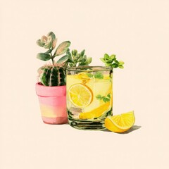 Watercolor Lemon Drink with Succulents