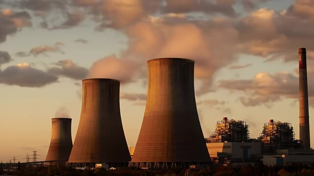 An animated scene of a large industrial power plant at sunset, with multiple cooling towers releasing thick white steam into a partly cloudy sky.