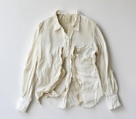 Frayed, cream-colored button-down shirt,  torn and distressed