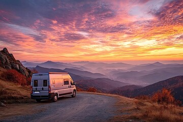 Obraz premium Camper van enjoying breathtaking mountain sunrise view during road trip