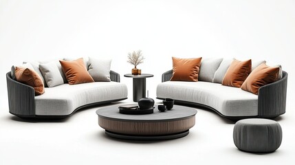 Set of Modern Sofas and Coffee Tables on White Background for Minimalist Interior Design 