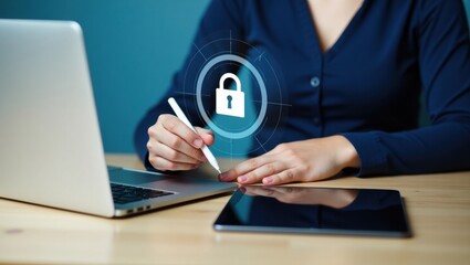 A person interacts with a digital lock icon on a tablet.