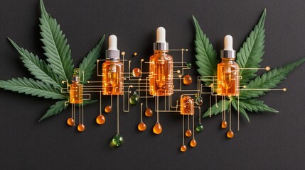 Three amber glass bottles of cannabis oil nestled between hemp leaves, connected by abstract lines and falling drops