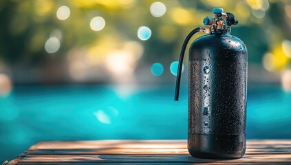 Black scuba tank on wooden deck, by pool