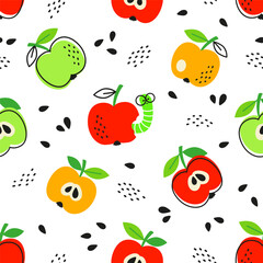 Vector hand drawn seamless pattern in a doodle style. Red and green apples on white background