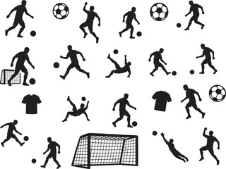 football Silhouette Soccer Icons Collection – Players, Balls, Goals, and Jerseys on White Background