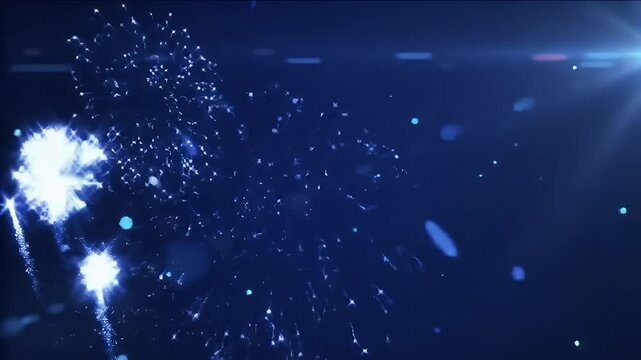 An animated scene of vibrant blue fireworks bursting on the right edge of a dark blue night sky.