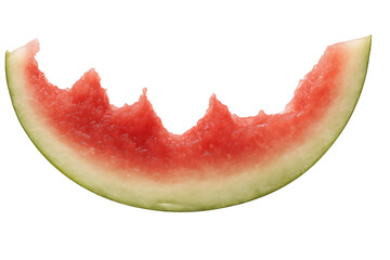 Partially eaten watermelon slice with visible red flesh and green rind.