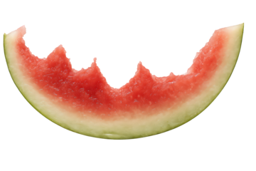 Partially eaten watermelon slice with visible red flesh and green rind.