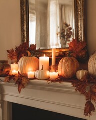 Fall-themed mantelpiece with pumpkins, candles, and autumn leaves in soft light and warm tones Generative AI