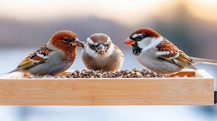 Fototapeta premium Three small birds, brown and gray plumage, feed from a rectangular wooden tray filled with seeds against a blurred background