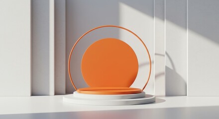 Orange podium with circle against a structured background