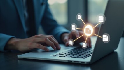 Person working on a laptop with document icons displayed.