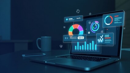 Fototapeta premium Laptop screen displaying various data visualizations.