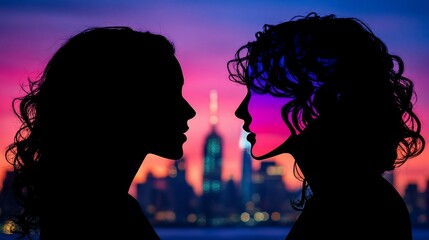 Two female silhouettes facing each other at sunset, city skyline in background