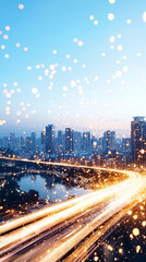 Obraz premium Glowing Metropolis Skyline with Highway Light Trails