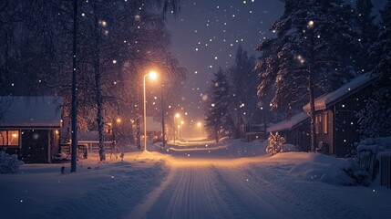 Serene Winter Night Scene in Rovaniemi, Finland, Featuring Cozy Cottages Amidst Snowfall. 