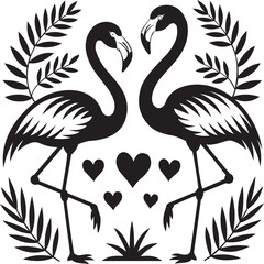 A charming collection of black silhouette illustrations featuring three flamingos, some adorned with delicate floral accents and hearts. This elegant set is perfect for tropical-themed designs, romant
