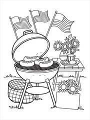 Classic 4th of July BBQ Grill with Hot Dogs, Flags, and Picnic Tables Coloring Page