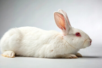 Fototapeta premium High-Resolution Albino White Rabbit Lying in Profile with Soft Fur and Red Eyes on a Light Neutral Background, Studio Photo Capturing Delicate Texture, Subtle Shadows, and Serene Expression. SoftBokeh