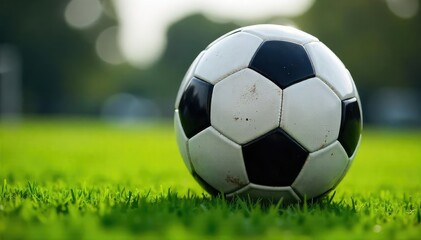 Fototapeta premium Close-up of a classic black and white soccer ball on a green field , monochrome, leather, field