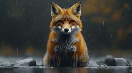 Obraz premium Curious Fox Perched Over Rocks in Peaceful Woodland River