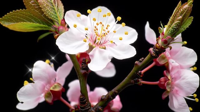A timelapse macro video of a wild plum tree flower blossoming against a solid black background.