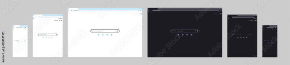 Leinwandbilder browser window Website mockup template with frames for PC, laptop, tablet, and mobile. Includes light, dark, and night modes. Vector illustration for UI and web design presentations.	
