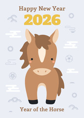 2026 Chinese Lunar New Year cute cartoon horse, clouds, abstract elements, typography. Flat vector illustration. Zodiac sign, animal character. CNY, Seollal, Tet holiday elements, card, banner